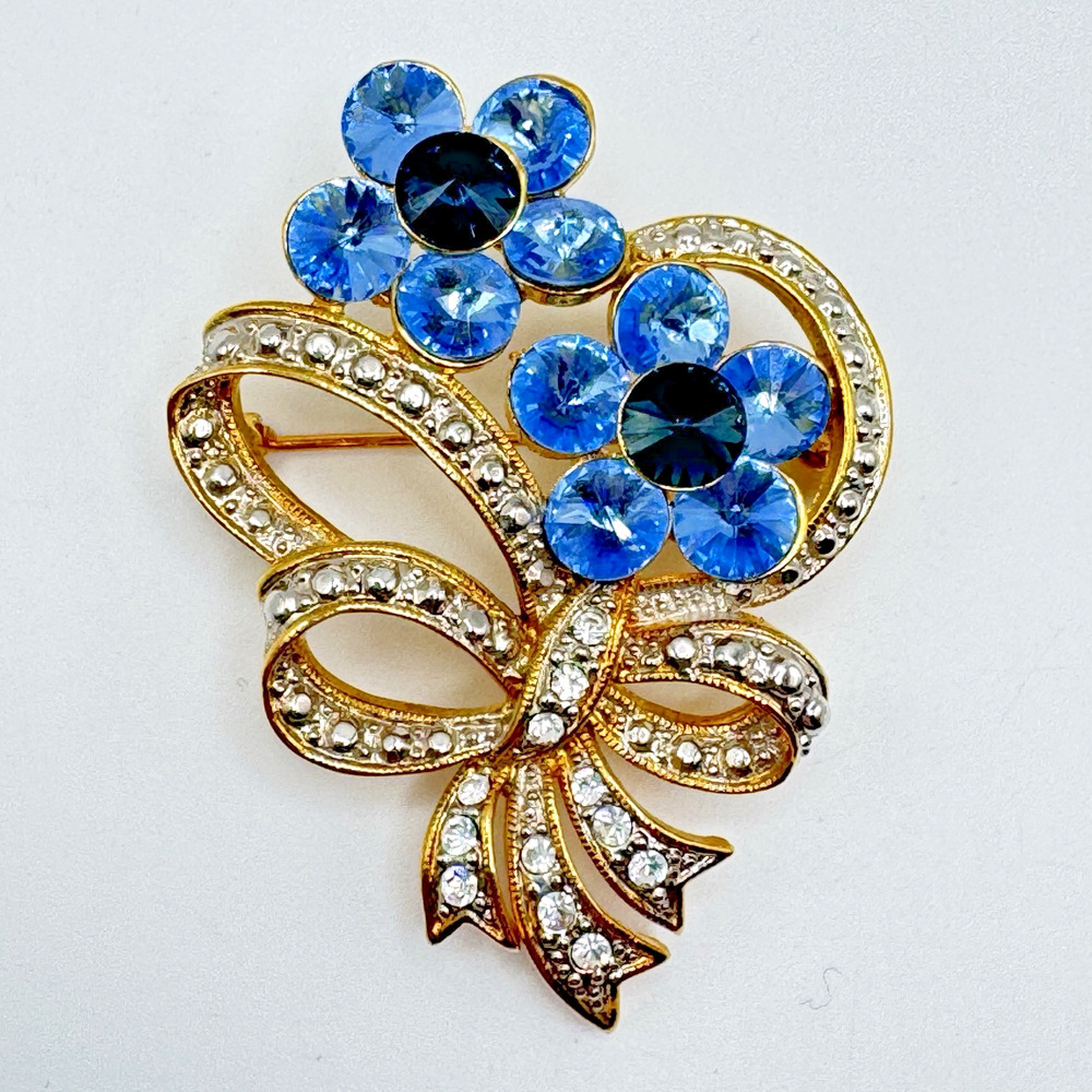 Vintage Rhinestone Brooch Blue Flower Rivoli Glass Stones Bow Gold Tone